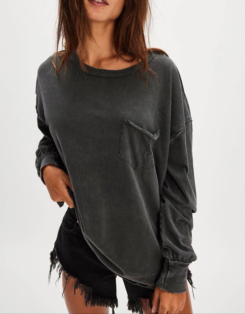 Free People We The Free Fade Into You Long Sleeve Tee shirt washed black MED NEW